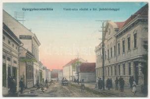 Gyergyószentmiklós, Gheorgheni; Vasút utca, Kir. Járásbíróság, Bocskor Gergely, Gáspár Máté üzlete. Burján és Székely kiadása / street view, court, shops (EK)