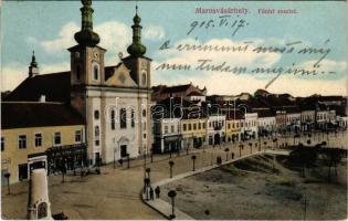 1915 Marosvásárhely, Targu Mures; Fő tér, templom, Oláh István és János, Lukács János, Lang Béla üzlete. Porjes S. Sándor kiadása / main square, church, shops (EK)