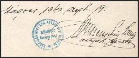 1940 Mágocs, az Izraelita Hitközség bizonyítványa, rajta az anyakönyvvezető aláírásával