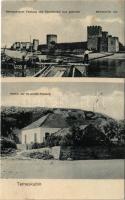 1910 Kevevára, Temeskubin, Kovin; Semendrianer Festung von Temeskubin aus gesehen, Partie der Keveváer-Festung / Szendrői vár Temeskubinról nézve, uszályok, Keve vár romjai. Oberlauter R. kiadása / castle in Semendria, barges, ruins of Kovin fortress (ázott / wet damage)