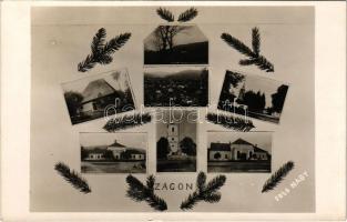 1943 Zágon, Zagon; Állami iskola, Községháza, Református templom, Római katolikus templom, Mikes malom, Mikes Kelemen tölgyfái, látkép / school, town hall, Calvinist church, Catholic church, mill, oak trees, general view. Foto Nagy photo (kis szakadás / small tear)