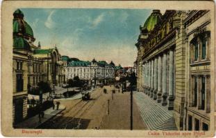 Bucharest, Bukarest, Bucuresti, Bucuresci; Calea Victoriei spre Posta / street view, post office, tram (glue marks)
