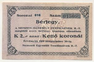 1919. Budapest 2K "Nemzeti Egyesült Textilművek R.T. - Bérjegy" T:XF Adamo BUC-188.4