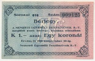 1919. Budapest 1K "Nemzeti Egyesült Textilművek R.T. - Bérjegy" T:AU Adamo BUC-188.3