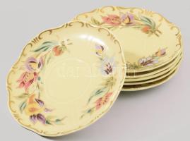 Zsolnay aranykontúrozott virágmintás 6 darab csészealj, jelzett, hibátlan, d: 15,5 cm