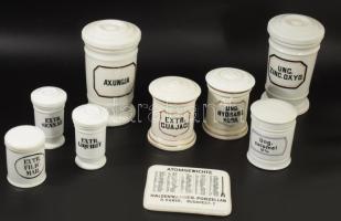 8 darab antik porcelán patikai tégely, hozzá porcelán atomsúly táblázat, m: 16,5 cm alatt