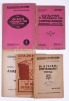 5 db marxista, munkásmozgalmi témájú kiadvány: Kautsky Károly: Marx Károly történelmi jelentősége. Ford.: Garami Ernő. Munkáskönyvtár 15. füzet. Bp., [1918], Népszava. Kiadói papírkötés, helyenként kis lapszéli sérülésekkel, felvágatlan. "Budapesti Forradalmi Törvényszék fogháza" bélyegzéssel. + Mi a Tanácsköztársaság?; Kun Béla: Ki fizet a háborúért?; Bucharin Nikoláj: Osztályharc és forradalom Oroszországban. Ford.: Szamuely Tibor.; Lenin: Állam és forradalom. Ford.: Rudas László. Kommunista Könyvtár. Bp., 1918-1919, Kommunisták Magyarországi Pártja. Kiadói papírkötés, változó állapotban.