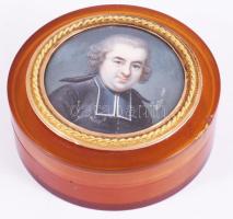 Antik szelence, festett miniatúrával a fedelén, sérüléssel, d: 7 cm