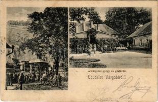 1902 Várgede, Várgedefürdő, Kúpele Hodejov, Hodejov; gyógy- és gőzfürdő, kút, gőzmozdony / spa, steam bath, locomotive + "FÜLEK - MISKOLCZ 42. SZ." vasúti mozgóposta bélyegző (EB)