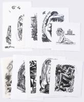 Klf. magyar és külföldi alkotók (Helbing Ferenc, Kékesi László, Stettner Béla stb.): 16 db erotikus ex libris és kisgrafika. Klf. technikák, papír, részben jelzett, klf. méretekben.