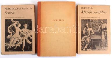 Titus Lucretius Carus: A természetről. Debrecen, 1957, Magvető. Kiadói félvászon-kötés, kopott borítóval. + Az Ókori Irodalom Kiskönyvtára sorozat 2 kötete: Persius és Iuvenalis: Szatírák. Ford.: Muraközy Gyula.; Boethius: A filozófia vigasztalása. Ford.: Hegyi György. Az utószót írta: Szepessy Tibor. Bp.,1977-1979, Európa. Kiadói kartonált papírkötések, kissé kopott borítókkal, az első gerince sérült.