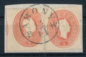 1861 2 különböző ívből származó 5kr, egyik látványosan elfogazva, a másik centrált, kivágáson "ABONY B. H."