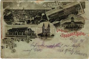 1898 Szabadka, Subotica; városháza, törvényszéki palota, templom, vasútállomás. Víg Zsig. Sándor kiadása / town hall, church, court palace, railway station. O.Z.M. Art Nouveau, floral, litho (r)