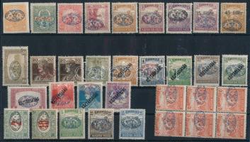 Debrecen I. 1919 33 db bélyeg Bodor vizsgálójellel, közte összefüggés, elcsúszott felülnyomások (30.850)