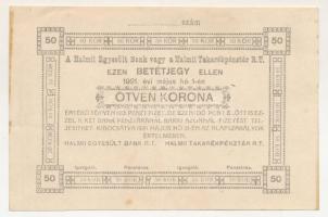 1920. 50K "Halmii Egyesült Bank R.T. - Halmii Takarékpénztár R.T." betétjegy T:XF,VF folt Adamo katalógusban nem szerepel