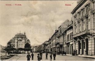 Kassa, Kosice; Színház, Fő utca, üzletek. D. K. Bp. 1906.-797. / theatre, main street, shops (fl)