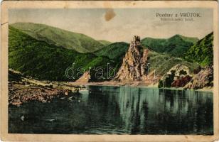 Sztrecsnó, Sztrecsény, Strecno; Vágvölgy, várrom / Pozdrav z Vrútok. Strecniansky hrad, Povazie / castle in the Váh Valley (szakadás / tear)