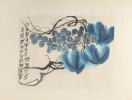 Csi Paj-si/Qi Baishi (1864-1957): Kék szőlő. Nyomat, papír, jelzett a nyomaton. Apró foltokkal. 23x31 cm