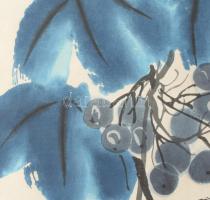 Csi Paj-si/Qi Baishi (1864-1957): Kék szőlő. Nyomat, papír, jelzett a nyomaton. Apró foltokkal. 23x3...