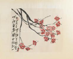 Csi Paj-si/Qi Baishi (1864-1957): Piros virágok. Nyomat, papír, jelzett a nyomaton. Lapszéli apró foltokkal. 23x31 cm