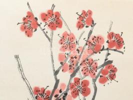 Csi Paj-si/Qi Baishi (1864-1957): Piros virágok. Nyomat, papír, jelzett a nyomaton. Lapszéli apró fo...