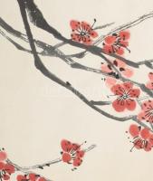 Csi Paj-si/Qi Baishi (1864-1957): Piros virágok. Nyomat, papír, jelzett a nyomaton. Lapszéli apró fo...