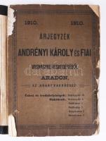 1910 Árjegyzék Andrényi Károly és fiai vas- és szerszám-nagykereskedéséből Aradon, az ,,Arany vakaróhoz". Arad, 1910, Réthy Lipót és Fia-ny., 13 sztl. lev.+ IV+229+(7) p. Fekete-fehér képekkel illusztrálva. Magyar és német nyelven. Kiadói papírkötés, viseltes, sérült borítóval, helyenként kissé foltos, sérült lapokkal, az utolsó lap (a német nyelvű tartalomjegyzék vége) és a hátsó borító hiányzik. Egyedi készítésű, a gerincen feliratozott kartonborítóban.
