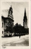 Igló, Zipser Neudorf, Spisská Nová Ves; Evanj. a katol. kostol / Evangélikus és katolikus templom / Lutheran and Catholic churches (gyűrődés / crease)