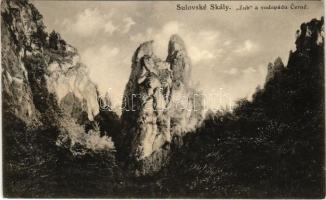 1928 Szulyó-völgy, Szulyó-hegység, Súlovské údolie, Súlovské vrchy (Vágvölgy, Povazie); Sulovské skály, Zub a vodopádu Cerné / Szúlyói-sziklák, vízesés / waterfall, rock
