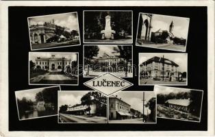 1938 Losonc, Lucenec; mozaiklap vasútállomással / multi-view postcard with railway station + "1938 Losonc visszatért" So. Stpl. (EK)