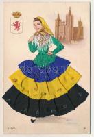 León / Spanish folklore - modern silk and textile card / Spanyol táncos - Modern textil képeslap s: Elsi Gumier (gyűrődés / crease)