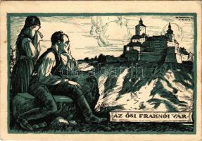 1938 Fraknó, Forchtenstein; Az ősi fraknói vár. Magyar múlt dicsősége, magyar jövő reménysége. Hornyánszky Viktor R.T. / Forchtenstein castle (Burgenland), Hungarian irredenta propaganda art postcard s: Márton L. + "1938 UNGVÁR VISSZATÉRT" So. Stpl. (fl)