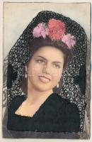 Ediciones Dominguez. Spanish folklore - modern silk and textile card / Spanyol folklór - Modern textil képeslap (EB)