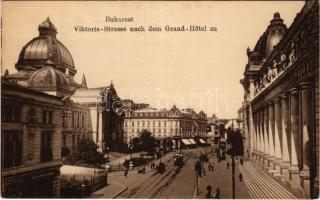 1917 Bucharest, Bukarest, Bucuresti, Bucuresci; Viktoria-Strasse nach dem Grand Hotel zu / street view, tram + "K.U.K. ETAPPENPOSTAMT 346"