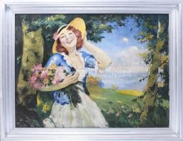 Illencz Lipót (1882-1950): Lány virágokkal. Olaj, vászon, jelezve jobbra lent. Javított. Dekoratív fakeretben, 59,5×80 cm. /