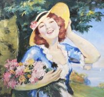 Illencz Lipót (1882-1950): Lány virágokkal. Olaj, vászon, jelezve jobbra lent. Javított. Dekoratív f...