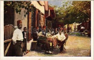 Ada Kaleh, utcai részlet. Művészlevelezőlap M. F. T. R. 6314-1. Klösz műintézet / Strassen Partie / street, Turkish folklore