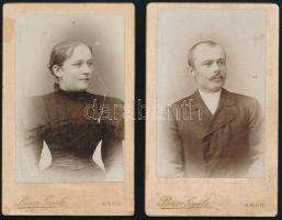 cca 1890 Női és férfi portré, 2 db keményhátú fotó Berze Gyula aradi műterméből, 11×7 cm