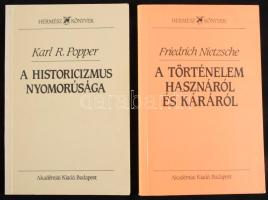Hermész Könyvek 2 kötete Friedrich Nietzsche: A történelem hasznáról és káráról. Fordította, a bevezető tanulmányt írta, és az életrajzi mutatót összeállította: Tatár György. 2. kiadás. Karl R. Popper: A historicizmus nyomorúsága. Ford.: Kelemen Tamás. Kelemen János előszavával. Bp.,1989-1995.,Akadémiai Kiadó. Kiadói papírkötések.
