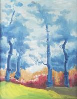 Olvashatatlan jelzéssel, feltehetően orosz v. szovjet festő: Színes táj. Olaj, vászon. Dekoratív fakeretben, 47x37 cm