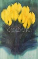 Macskássy Izolda (1945-2021): Tulipánok. Selyemkollázs, vegyes technika, jelezve jobbra lent. Üvegezett fakeretben. 26x17 cm.