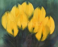 Macskássy Izolda (1945-2021): Tulipánok. Selyemkollázs, vegyes technika, jelezve jobbra lent. Üvegez...