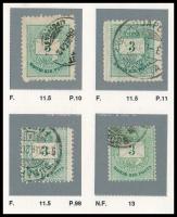 1881 4 db 3kr klf vésésjavítással, fogazat variációkkal (ex Orbán, Sebestyén aranyérmes kiállítási anyagból)