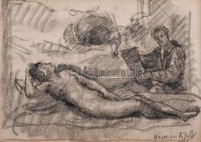 Herman Lipót (1884-1972): Festő és női aktmodell, 1924. Ceruza, papír, jelzett, paszpartuban, 14,5×20,5 cm