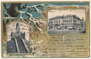 1904 Arad, Színház, Moskovitz üzlete, Vértanú szobor. Szecessziós téli litho keret / theatre, shops, martyrs' monument. Art Nouveau winter litho frame (szakadás / tear)