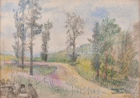 Herman Lipót (1884-1972): Társaság a szabadban. Színes ceruza, ceruza, papír, Herman Lipót hagyatéki pecséttel jelzett, paszpartuban, 22,5×32 cm