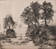 Varga Nándor Lajos (1895-1978): Táj tehenekkel és vízhordó alakkal, 1926. Rézkarc, papír, jelzett, paszpartuban, 22×25 cm