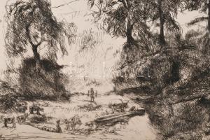 Varga Nándor Lajos (1895-1978): Táj tehenekkel és vízhordó alakkal, 1926. Rézkarc, papír, jelzett, p...