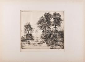 Varga Nándor Lajos (1895-1978): Táj tehenekkel és vízhordó alakkal, 1926. Rézkarc, papír, jelzett, p...