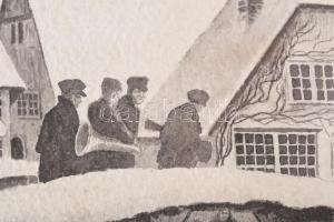 Jelzés nélkül: Hazafelé bandukoló zenészek. Lavírozott tus, papír, kissé foltos. Paszpartuban, 25×38...